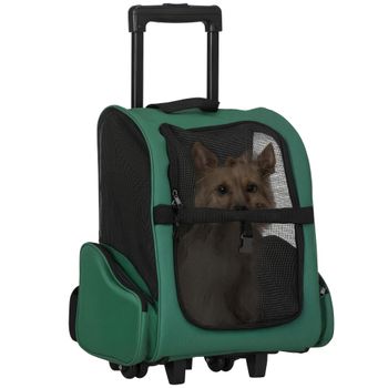 PawHut Transportín Perro 2 en 1 para Mascotas Mochila Carrito de Viaje 2 Ruedas Asa retráctil Aluminio Bolsillos 42x25x55 cm Verde   Aosom España