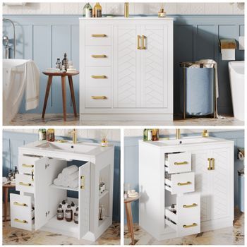 Mueble Lavabo Con Cajones - Mueble Para Baño - Mdf Y Cerámica - Blanco (76.5x46.5x84.5cm)