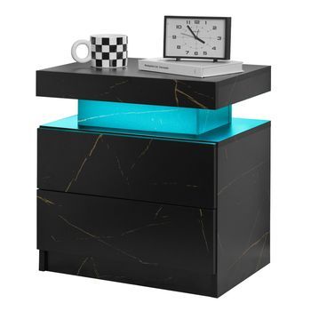 Mesita De Noche Con Luces Led Y 2 Cajones, Mesa Auxiliar Moderna De Madera Y Metal, Negro Y Dorado