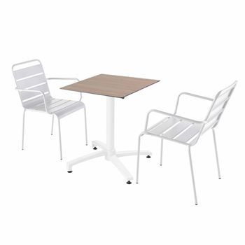 Mesa De Jardín En Laminado De Roble Claro Y 2 Sillas Blancas, Opéra - Oviala