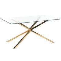 mesa de comedor rectangular 160 x 90 cm tablero de vidrio templado transparente patas doradas cora