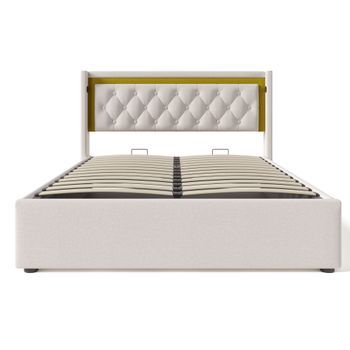 Cama Con Almacenaje De Algodón De 140x200cm Con Led Y Puertos Usb Con Somier Beige