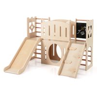 costway parque infantil 8 en 1 madera con tematica castillo escalador escaleras almacenamiento pizarron y tunel para interior ninos 3 anos
