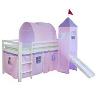 cama altillo de 90x200cm con escalera corredera en madera blanca y lona rosa incluida lit06107