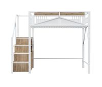 cama alta metalica 140 x 200 cm - con estructura de seguridad con ventana y escalera con armario - blanco