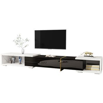 Mueble Para Tv Extensible 140-260 Cm, Mesa De Tv Con Función Giratoria, Mdf, Mueble Tv Negro Alto Brillo Y Mármol Blanco