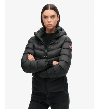 Superdry para mujer. W5011593A Chaqueta acolchada con Capucha Fuji negro (XL), Casual, Poliéster