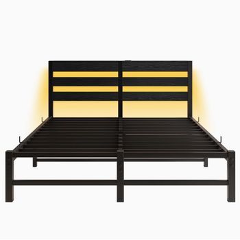 Cama Metálica 140x200 - Led Con Usb Y Espacio De Almacenaje - Negro