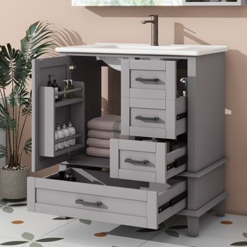 Mueble De Baño Con Lavabo - Armario De Suelo - Mdf Y Cerámica - Gris (76x46x83.5cm)