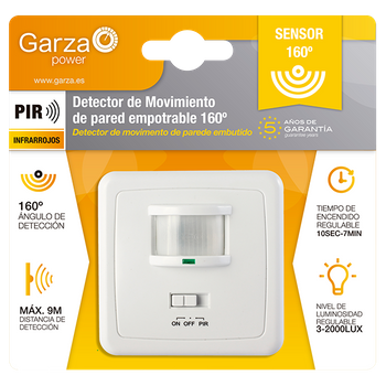 Garza Power - Detector De Movimiento Infrarrojo De Pared Empotrable, Ángulo De Detección 160º, Función Interruptor, Blanco