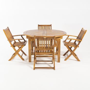 Conjunto De Exterior De Madera Teca, Mesa Redonda Extensible 120 A 180 Cm Y 4 Sillones Plegables, Madera Teca Grado A, Tratamiento Al Agua Aplicado, Juego De Comedor De Teka, Set Sillas Y Mesa De Teka