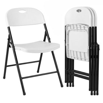 Costway Juego de 4 Sillas Plegables Plástico con Patas Metal Estructura Triangular Asiento Cóncavo Respaldo Curvado Asa para Salón Blanco