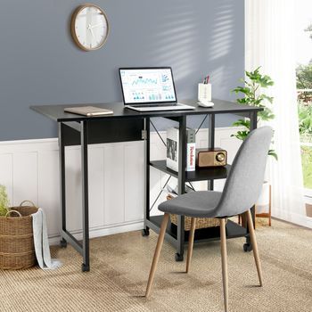 Escritorio Plegable Para Ordenador Con 2 Repisas Y Ruedas Compacto 107,5 X 54 X 77 Cm Negro Cfw82763