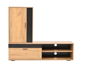 Mueble tv 140x35x39 cm - set completo 3 piezas, tv-board, estante y estante de pared - color madera + negro
