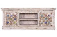 mueble de tv madera de mango detalles en ceramica y bronce