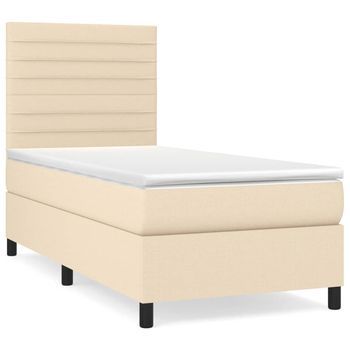 Cama Individual | Cama Box Spring | Cama Para Adultos Con Colchón Tela Color Crema 90x200 Cm