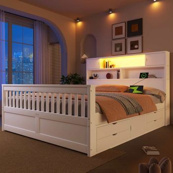 Cama Matrimonial 160x200 Cm Con Almacenaje, Estanterías, Led, Usb, 4 Cajones, Estructura Mdf Y Madera, Color Blanco, Estilo Moderno