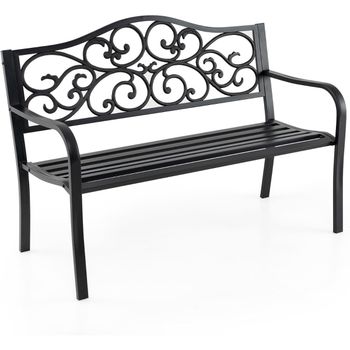 Costway 128 cm Banco de Jardín Banco de Patio de Metal de Hierro Fundido con Respaldo de Diseño Floral Reposabrazos y Asiento de Listones Negro