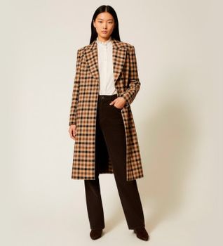 Twinset para mujer. 252TT2430 Abrigo de lana mixta de cuadros marrón (44), Casual