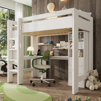 Cama Alta Para Niños,90 × 200 Cm, Zona De Recarga Usb/type-c,blanco
