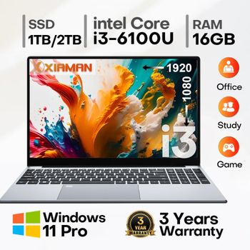 Computadora Portátil Xiaman de 15.6 Pulgadas con Intel Core I3 6100U, Windows 11 Pro, 16 GB de RAM, 512 GB/1 TB SSD, Notebook Portátil para Oficina y Estudio