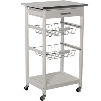 Carro Cocina Con 2 Cestas Cajon Madera Blanco-tapa Acero