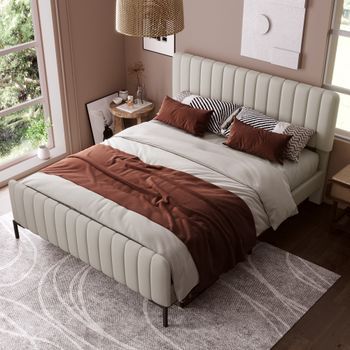 Cama Con Cabecero Ajustable - 180 X 200 Cm - Tejido De Lino - Somier De Láminas - Beige