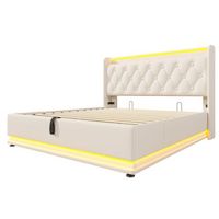 cama tapizada blanca de pu 140 x 190 cm con led perimetral usb-c y almacenaje elevable