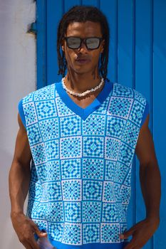Top Sin Mangas Oversize De Punto Croché Con Escote De Pico, Azul