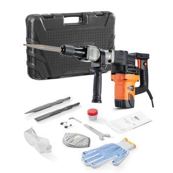 Martillo De Demolición Eléctrico 1400 W 19 J 2900 Bpm, Rompedor De Hormigón Vevor Con 2 Cinceles 5/8″, Mango Giratorio 360°, Antivibración, Maletín — Naranja