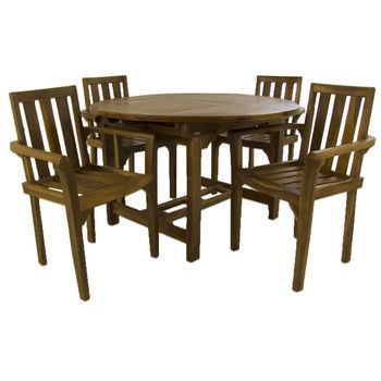 Conjunto Exterior De Madera Teca, Mesa Redonda Extensible 120 A 180 Cm Y 4 Sillones Apilables, Madera Teca Grado A, Tratamiento Al Agua Aplicado, Juego De Comedor De Teka, Set Sillas Y Mesa De Teka