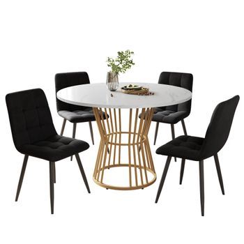 Conjunto Mesa De Cocina, Juego De Comedor 5 Piezas, Mesa Redonda 100 Cm, Sillas De Terciopelo Negro, Metal Dorado Y Mdf Blanco
