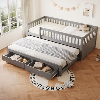 Cama Nido 90x200 Cm + 90x190 Cm Con 2 Cajones Y Barandillas De Seguridad - Pino + Contrachapado + Mdf - Gris (sin Colchón)