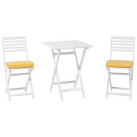 conjunto bistro de jardin blanco de madera de acacia 3 piezas con cojines amarillos plegable diseno moderno fiji
