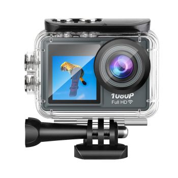 Cámara de acción 1080P con pantalla de 2.0 pulgadas, doble pantalla a color, ángulo amplio de 140°, resistente al agua h