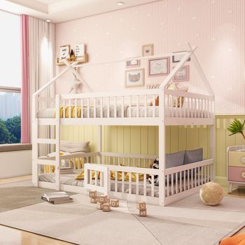 Cama Litera Para Niños Con Escalera, En Madera Maciza, Diseño Loft, Blanco, 140x200 Cm