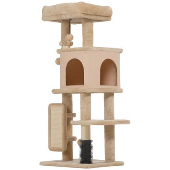 PawHut Árbol Rascador para Gatos Altura 104cm con Plataformas Poste con Cepillo Bolas Colgantes y Almohadilla para Rascar Beige