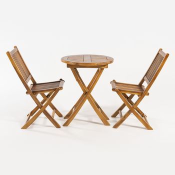 Conjunto De Jardín, Mesa Redonda 60 Cm Y 2 Sillas Plegables, Madera Teca Grado A, Tratamiento Al Agua Aplicado, Juego De Comedor De Teka, Set Sillas Y Mesa De Teka, Set Terraza