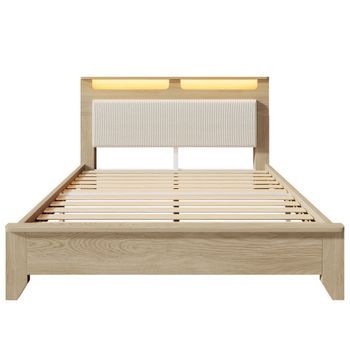 Cama Doble 140x200 Cm De Madera Clara Con Cabecero Almacenamiento Y Led, Tapizada En Terciopelo Acanalado, Sin Colchón, Beige