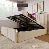 cama contenedor 140 x 200 cm con cabecero - tomas usb y tipo c - tela de lino - rayas decorativas - beige sin colchon