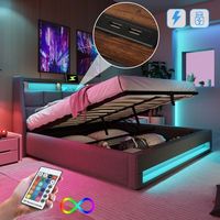 cama contenedor 140 x 200 cm con cabecero contenedor - toma usb y led - tela de lino - gris - sin colchon