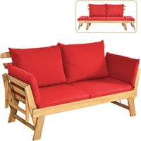 costway sofa cama convertible de patio madera acacia con apoyabrazos ajustable cojines almohadas 2 plazas para exterior 198 x 75 x 75 cm rojo