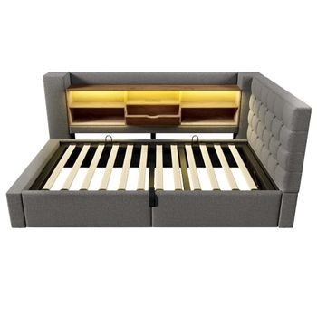 Cama Individual Tapizada 90x190 - Led, Almacenamiento Hidráulico, Cabecero L, Montable Ambos Lados - Gris