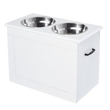 PawHut Cuencos para Perros con 2 Tazones de Acero Inoxidable y Espacio de Almacenaje Oculto 60x30x41 cm Blanco   Aosom España