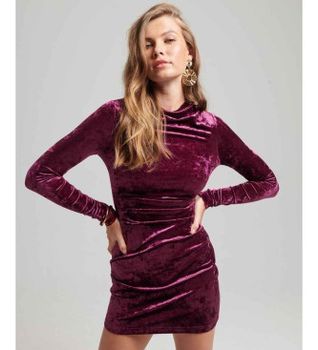 Superdry para mujer. W8011367A Minivestido de manga larga de terciopelo rosa (XS), Fiesta, Poliéster