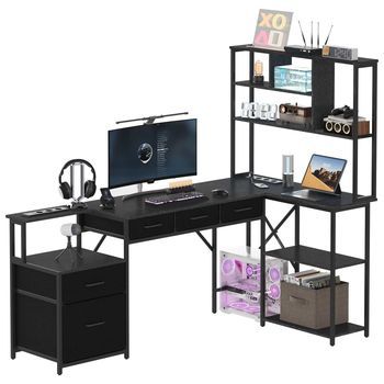 Escritorio Gaming En L 180x100 Cm Negro, Mesa Pc Gamer Con Estantes, Cajones, Enchufe Integrado Y Soporte Para Auriculares