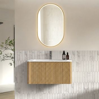 Mueble De Baño Suspendido De 80 Cm Con Lavabo Integrado Y Espejo Led Ovalado