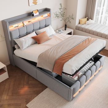Cama De 140 X 200 Cm Con Cabecero Y Espacio De Almacenaje - Tejido De Lino - Puerto Usb Y Led - Somier De Láminas - Gris Claro (sin Colchón)