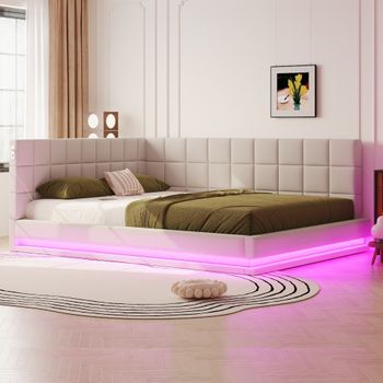 Cama Tapizada De 160 X Cama De 200 Cm Con Cabecero Y Respaldo, Sofá Cama - Puerto Usb Y Led - Terciopelo - Beige (sin Colchón)