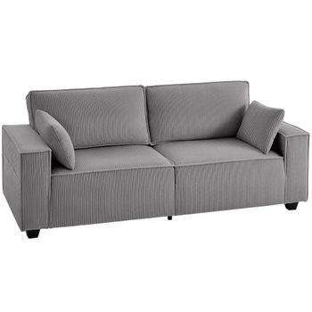 HOMCOM 218 cm sofá 3 plazas, moderno sofá de pana con acolchado de muelles ensacados, reposabrazos anchos y 2 cojines, gris claro   Aosom España